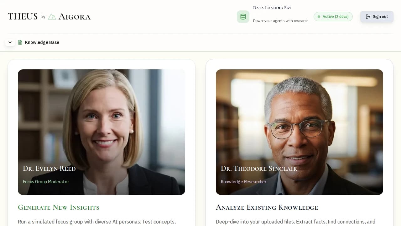THEUS Research Hub - Choose between Focus Group Simulator and Knowledge Explorer