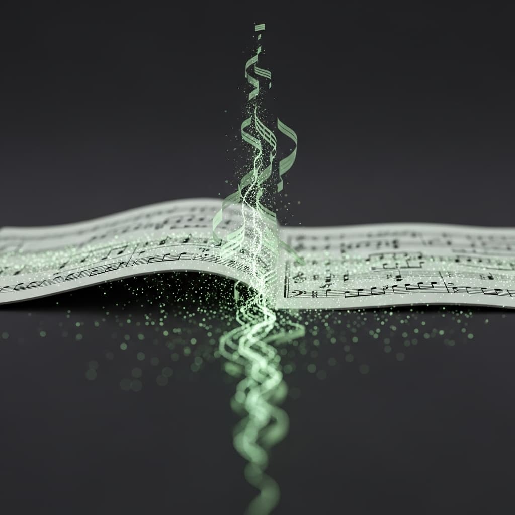 Sheet music transforming into data streams