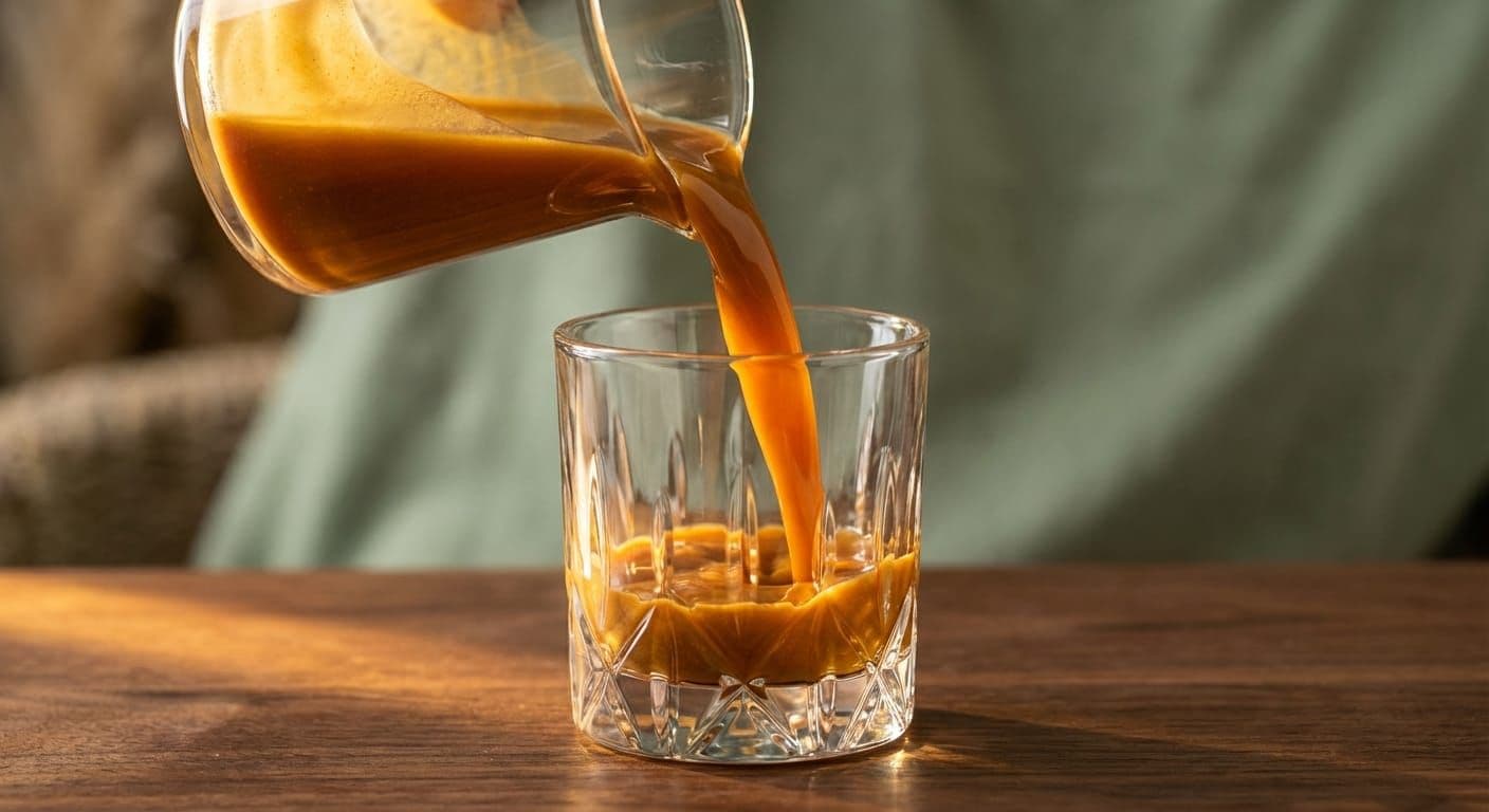 Amber liquid poured from a glass carafe into a cut crystal tumbler