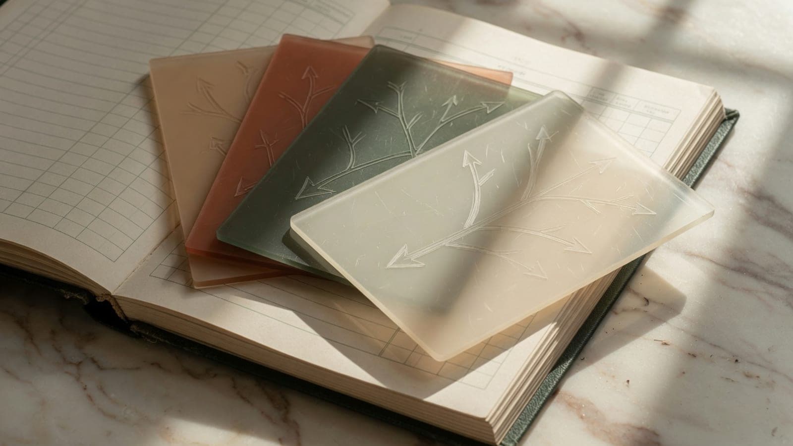 Layered acrylic cards with branching arrows above a ledger