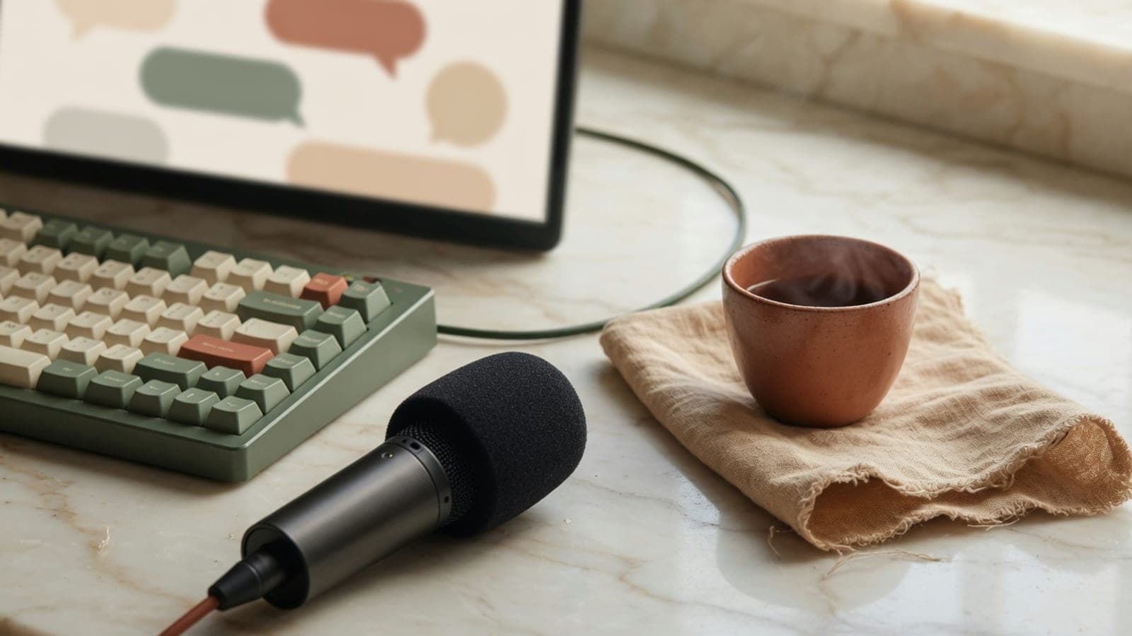 Microphone and keyboard suggesting plain-language research questions