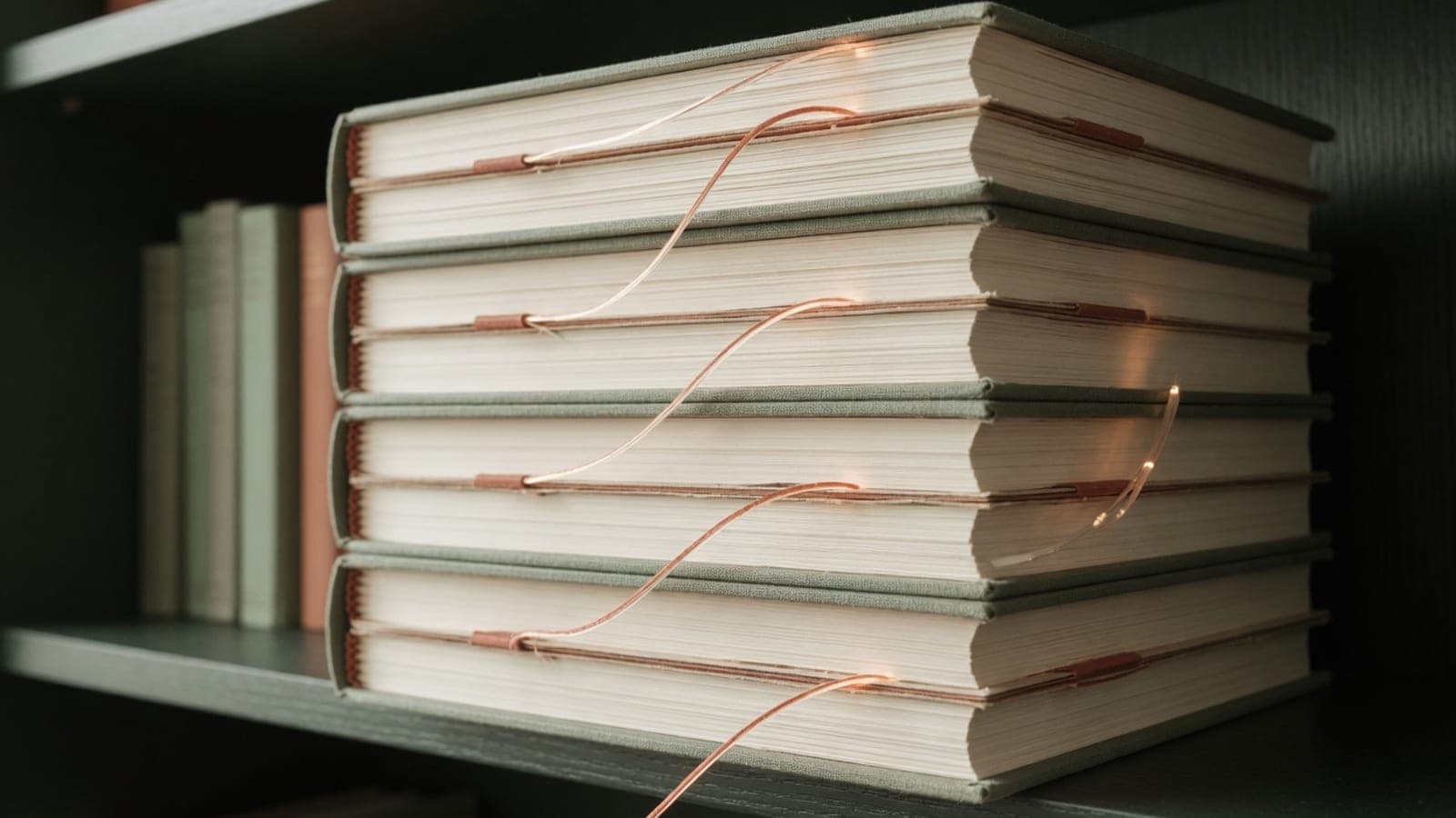 Stack of research reports with a light thread weaving through the pages
