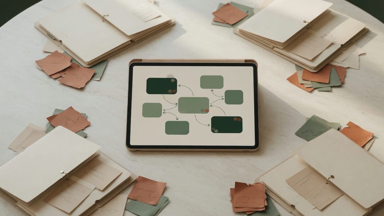 Conference table with report packets and a shared linked-card display