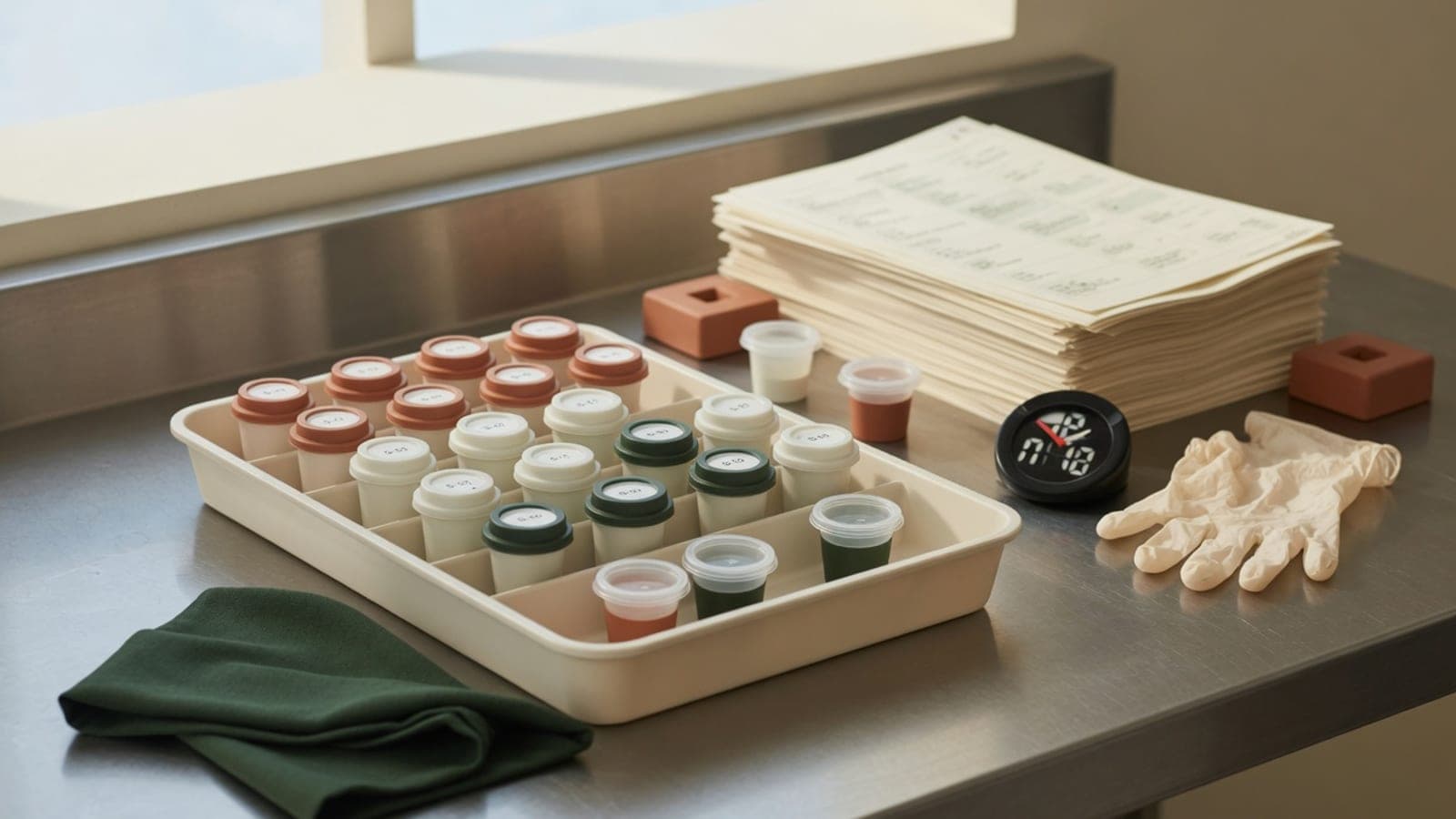 Sensory panel prep station with coded sample cups and ballots