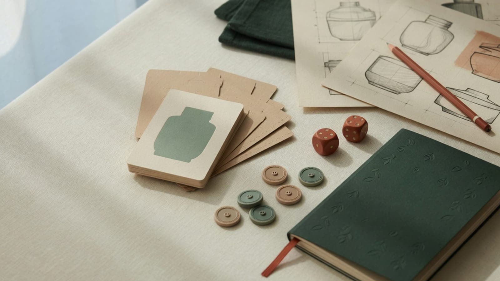 Study design planning board with product cards and sampling tokens