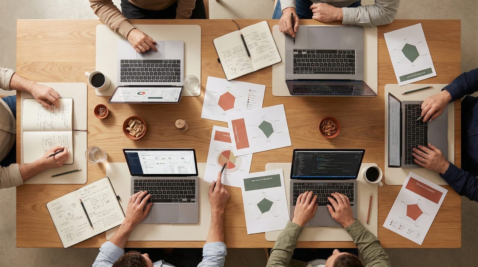 Cross-functional team exploring research data together in a knowledge exploration workshop