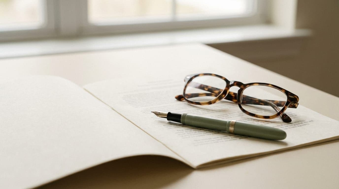 Document with reading glasses and fountain pen