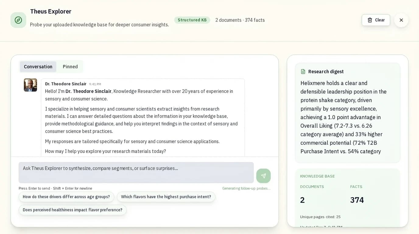 THEUS Knowledge Explorer showing Dr. Theodore Sinclair providing cross-study synthesis