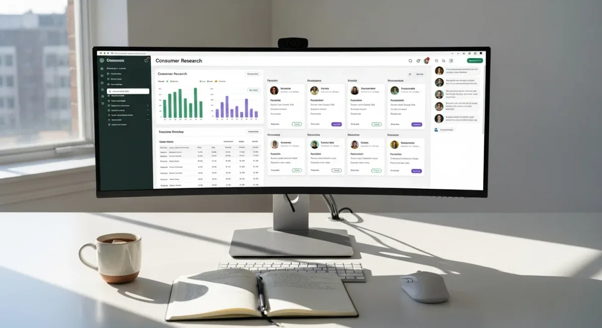 THEUS platform on desktop monitor showing consumer research dashboard