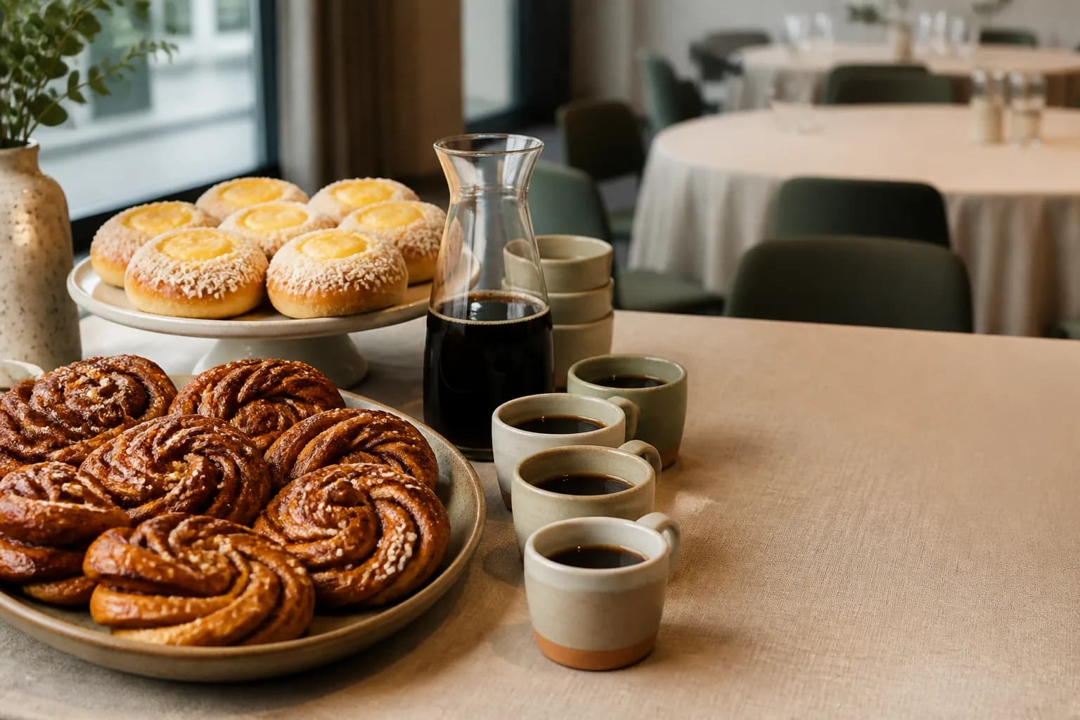 Norwegian kanelboller, skoleboller, and coffee arranged for an early-morning workshop