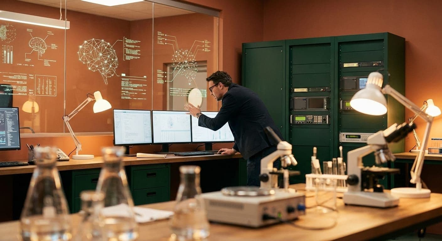 Researcher examining analyses in a laboratory workspace